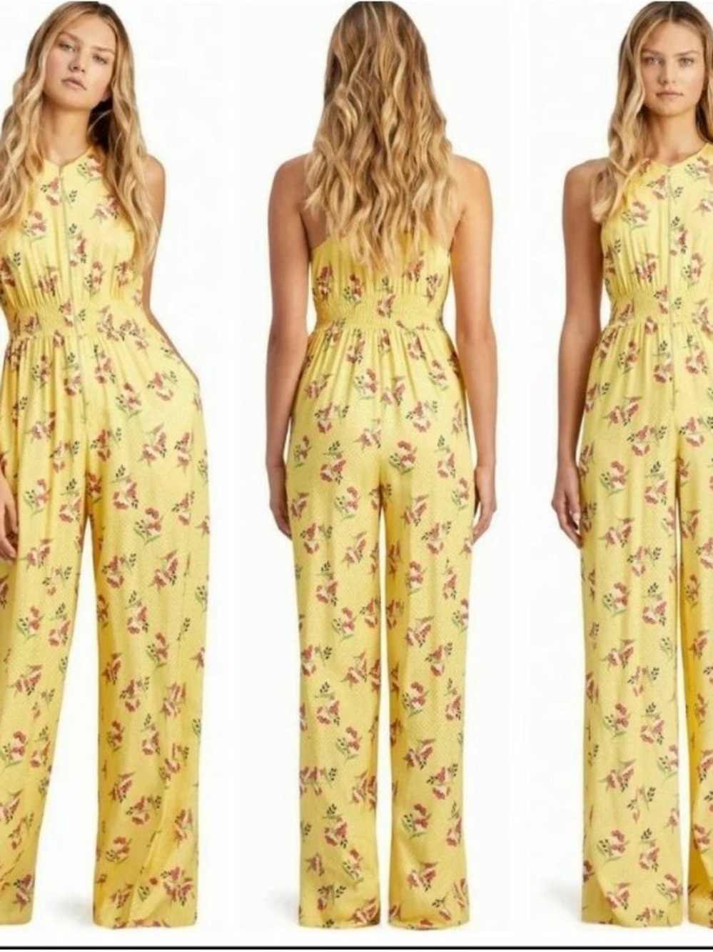 NWT Jill Stuart Yellow Lemon Floral Floral Sleeveless Jumpsuit Wide Flowy Leg 10